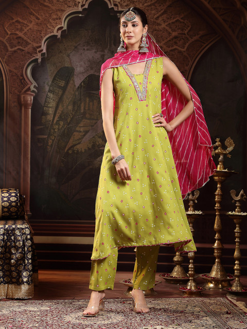 Stylum Women Bandhani Printed Bandhej A-Line Thread Work Pastels Kurta With Dupatta - Image 6