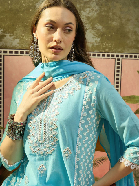 Sangria Embroidered Pure Cotton Round Neck Kurta & Palazzos With Dupatta Kurta Set - Image 3