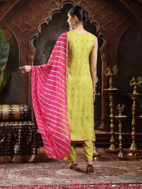 Stylum Women Bandhani Printed Bandhej A-Line Thread Work Pastels Kurta With Dupatta - Image 5