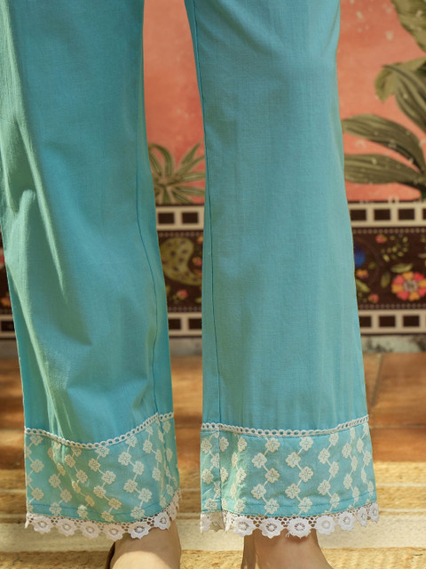 Sangria Embroidered Pure Cotton Round Neck Kurta & Palazzos With Dupatta Kurta Set - Image 4