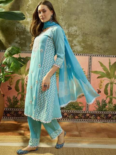 Sangria Embroidered Pure Cotton Round Neck Kurta & Palazzos With Dupatta Kurta Set - Image 6