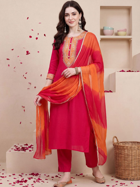 Indo Era Women Ethnic Motifs Embroidered Regular Thread Work Kurta with Trousers & With Dupatta