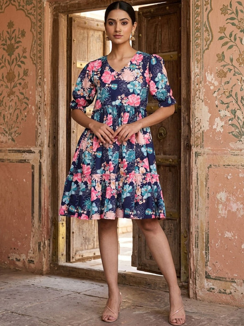 KALINI Floral Print Puff Sleeve Fit & Flare Dress