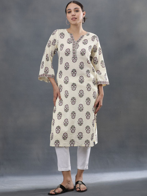 Anouk Floral Printed V-Neck Pure Cotton Kurta