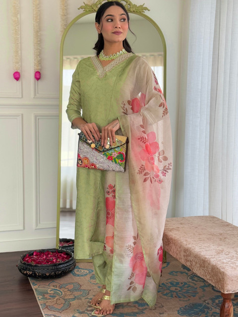 KALINI Women Floral Embroidered Regular Gotta Patti Kurta with Trousers & With Dupatta