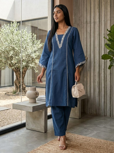 Varanga Navy Blue and White Square Neck Floral Embroidered Top With Trouser