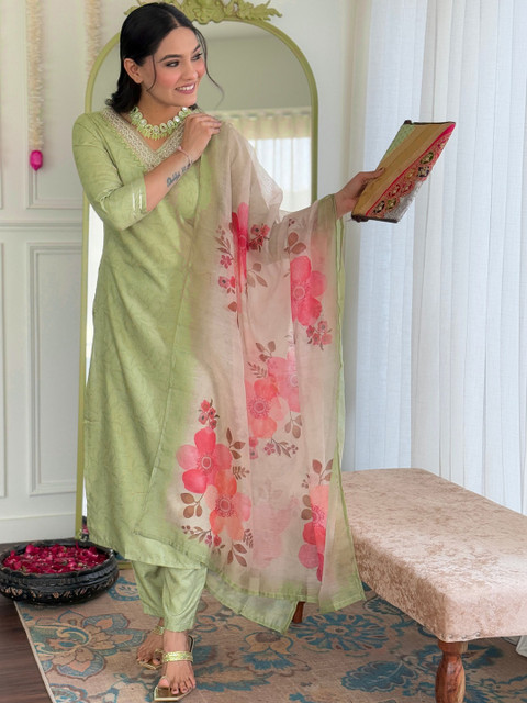 KALINI Women Floral Embroidered Regular Gotta Patti Kurta with Trousers & With Dupatta - Image 6