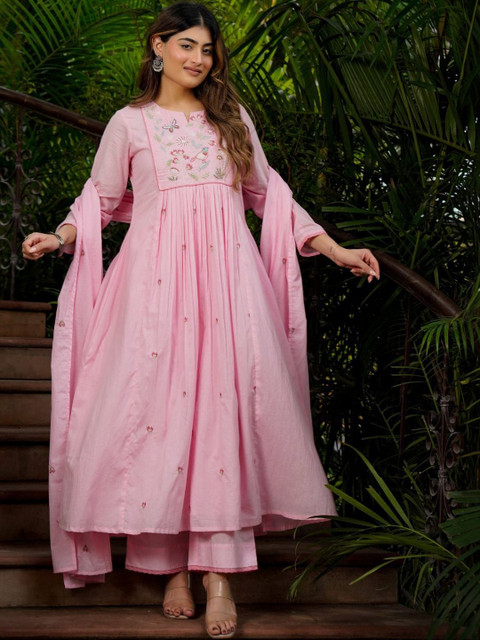 Puretouch Women Floral Embroidered Panelled Thread Work Chanderi Silk Kurta with Trousers & With Dupatta - Image 4