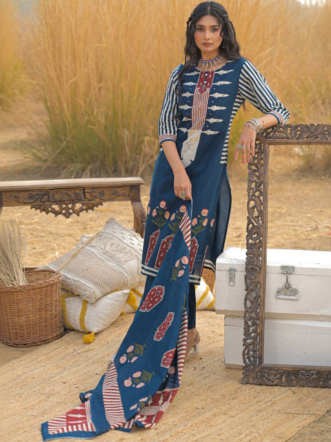 Indo Era Women Ethnic Motifs Printed Regular Mirror Work Pure Cotton Kurta with Trousers & With Dupatta