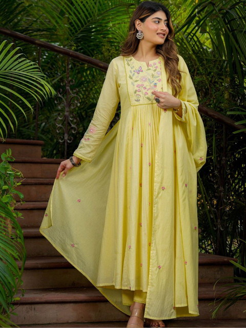Puretouch Women Floral Embroidered Panelled Thread Work Chanderi Silk Kurta with Trousers & With Dupatta - Image 7