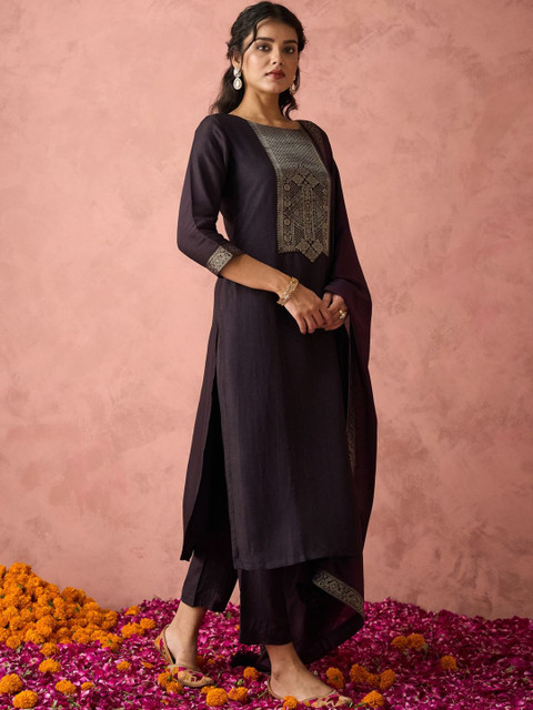 NAVYAAZRI Women Ethnic Motifs Embroidered Regular Thread Work Kurta with Trousers & With Dupatta