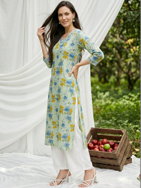 Sangria Women Printed V-Neck Calf Length Straight Kurtas - Image 4
