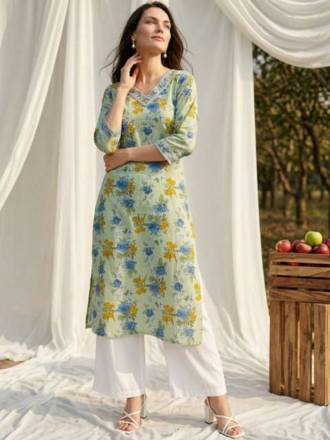 Sangria Women Printed V-Neck Calf Length Straight Kurtas - Image 3