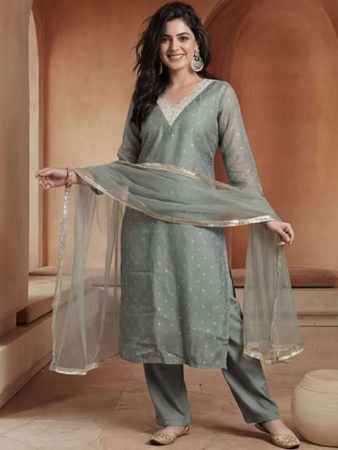 Anouk Women Ethnic Motifs Printed Regular Thread Work Chanderi Cotton Kurta with Trousers & With Dupatta