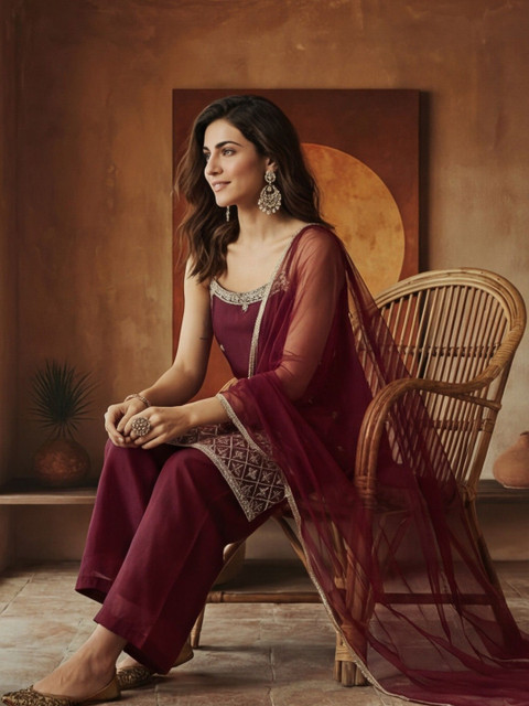 Anouk Women Ethnic Motifs Embroidered Regular Thread Work Kurti with Palazzos & With Dupatta - Image 2