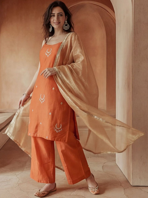 Anouk Women Ethnic Motifs Embroidered Regular Thread Work Kurta with Palazzos & With Dupatta