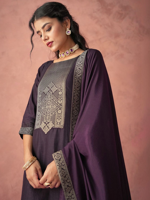 NAVYAAZRI Women Ethnic Motifs Embroidered Regular Thread Work Kurta with Trousers & With Dupatta - Image 6