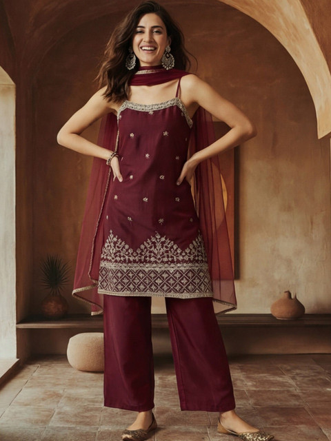 Anouk Women Ethnic Motifs Embroidered Regular Thread Work Kurti with Palazzos & With Dupatta