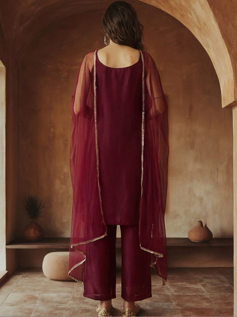 Anouk Women Ethnic Motifs Embroidered Regular Thread Work Kurti with Palazzos & With Dupatta - Image 3
