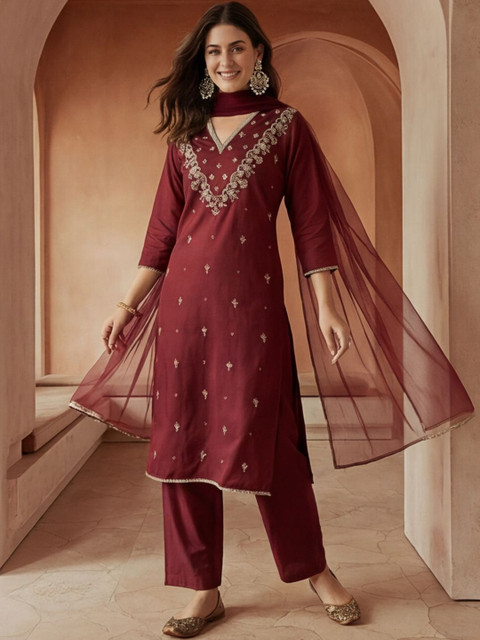 Anouk Women Ethnic Motifs Embroidered Regular Thread Work Kurta with Trousers & With Dupatta