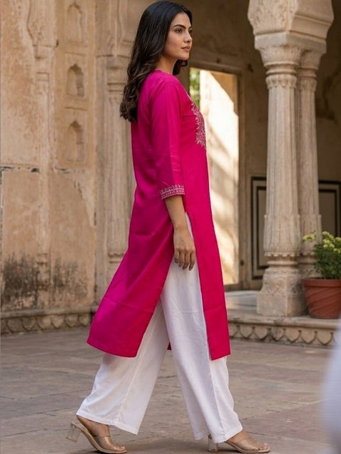 House of Pataudi Embroidered V-Neck Calf Length Straight Kurtas - Image 6