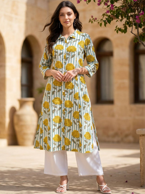 Sangria Printed Flax Shirt Collar Calf Length Straight Kurtas
