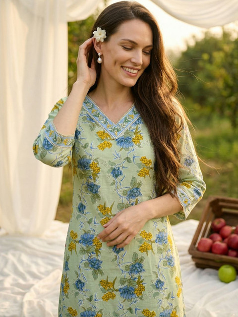 Sangria Women Printed V-Neck Calf Length Straight Kurtas - Image 2