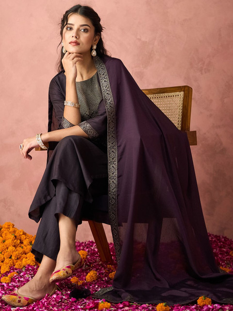 NAVYAAZRI Women Ethnic Motifs Embroidered Regular Thread Work Kurta with Trousers & With Dupatta - Image 7