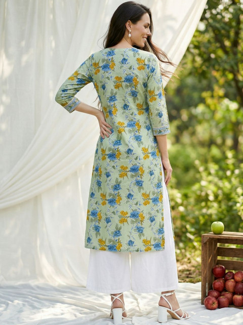 Sangria Women Printed V-Neck Calf Length Straight Kurtas - Image 5