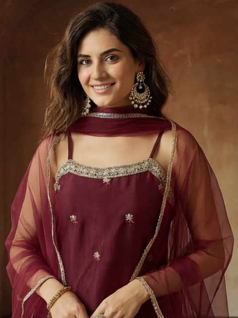 Anouk Women Ethnic Motifs Embroidered Regular Thread Work Kurti with Palazzos & With Dupatta - Image 6