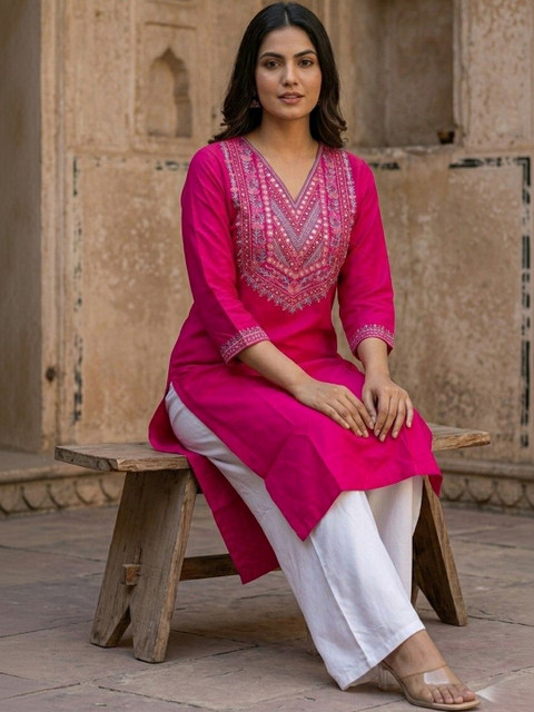 House of Pataudi Embroidered V-Neck Calf Length Straight Kurtas