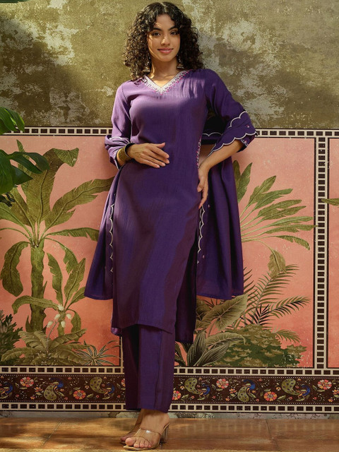 Sangria Embroidered V Neck Kurta Sets