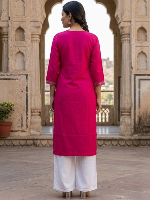 House of Pataudi Embroidered V-Neck Calf Length Straight Kurtas - Image 2