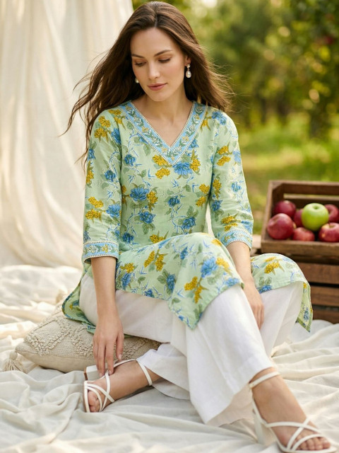 Sangria Women Printed V-Neck Calf Length Straight Kurtas