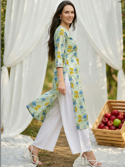 Sangria Women Printed V-Neck Calf Length Straight Kurtas - Image 6