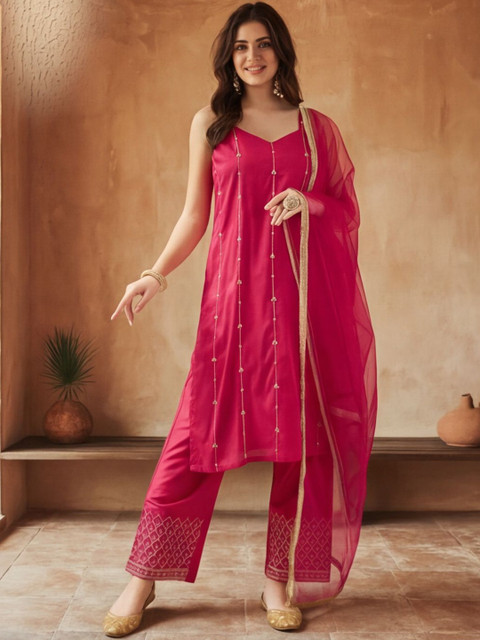 Anouk Women Ethnic Motifs Embroidered Regular Thread Work Kurta with Trousers & With Dupatta