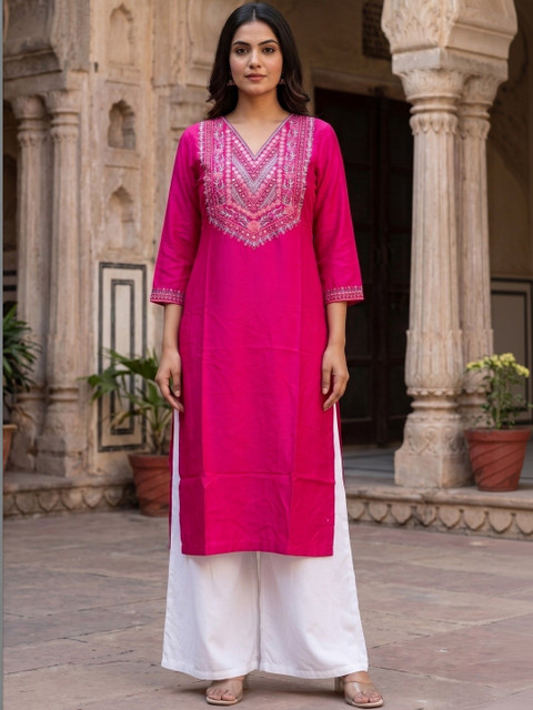 House of Pataudi Embroidered V-Neck Calf Length Straight Kurtas - Image 7