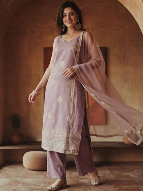 Anouk Women Ethnic Motifs Embroidered Regular Thread Work Kurta with Trousers & With Dupatta