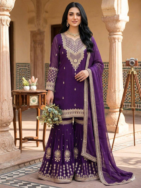 JiproStore Women Ethnic Motifs Embroidered Thread Work Kurta with Sharara & Dupatta
