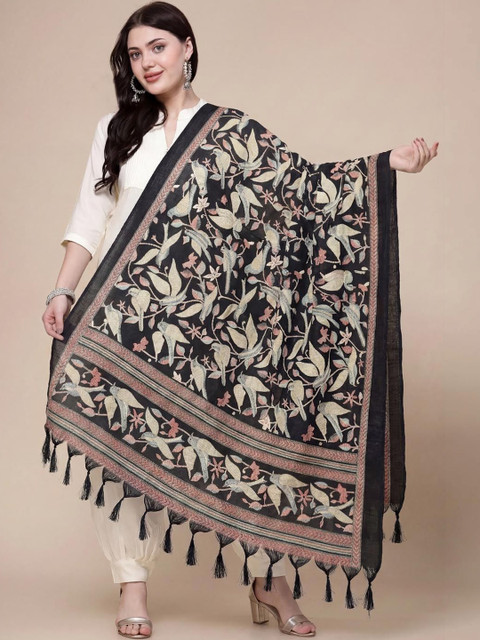 Clora Creation Black Floral Printed Silk Blend Dupatta with Tassels