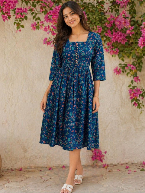 Roly Poly Floral Print A-Line Midi Dress