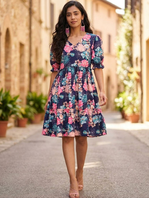AADVIKA Floral Print Puff Sleeve Fit & Flare Dress
