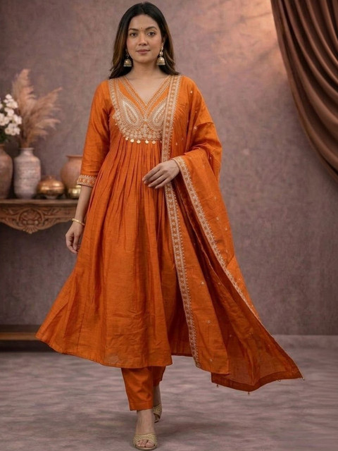 Sangria Embroidered V-Neck Kurta & Trousers With Dupatta