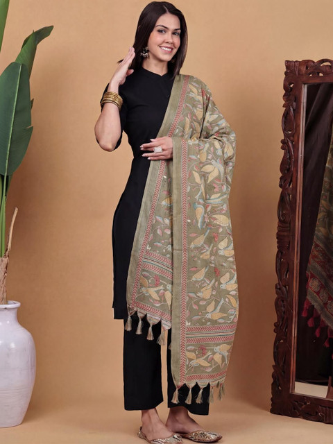 Clora Creation Fawn Floral Printed Silk Blend Dupatta with Tassels