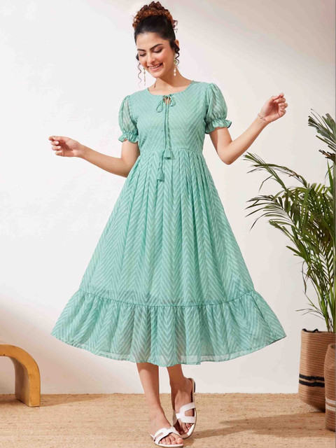 QENA Puff Sleeve Georgette A-Line Midi Dress