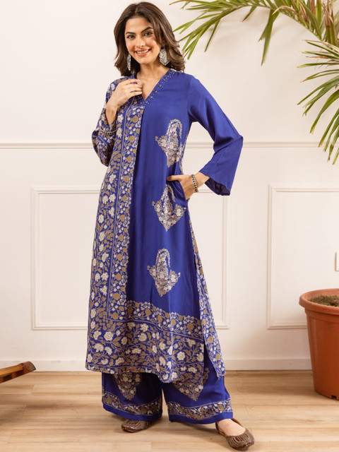 Sangria Printed Viscose Rayon V-Neck Kurta & Palazzos - Image 4