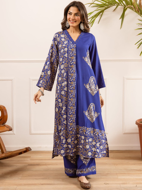 Sangria Printed Viscose Rayon V-Neck Kurta & Palazzos