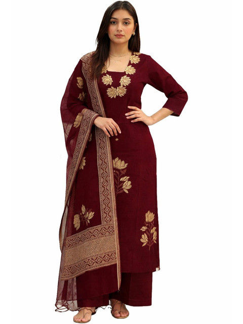 NARI DREAM Women Floral Embroidered Regular Thread Work Kurta with Palazzos & With Dupatta
