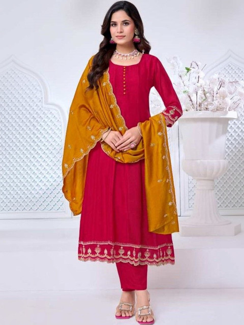 Sangria Zari Round Neck Silk Blend A-Line Kurta & Trouser With Dupatta