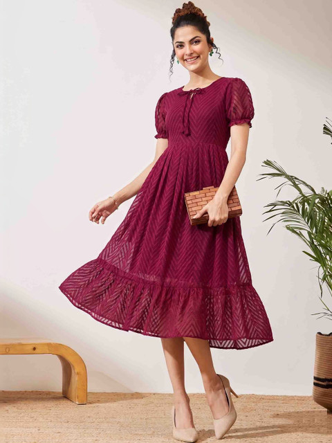 QENA Tie-Up Neck Puff Sleeve Ruffled Georgette Fit & Flare Midi Dress